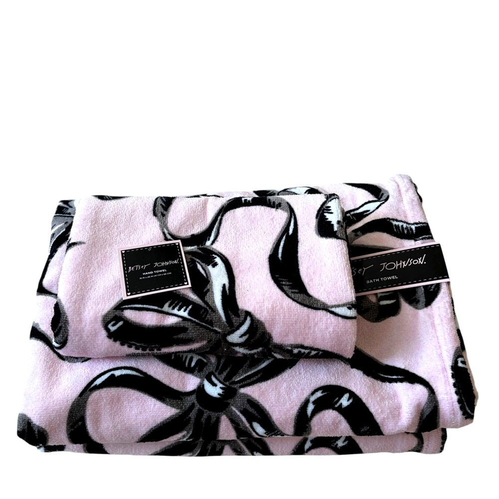 3pc Betsey Johnson BALLET BOWS Towel Set 2 Bath 1 Hand Pink & Black NEW